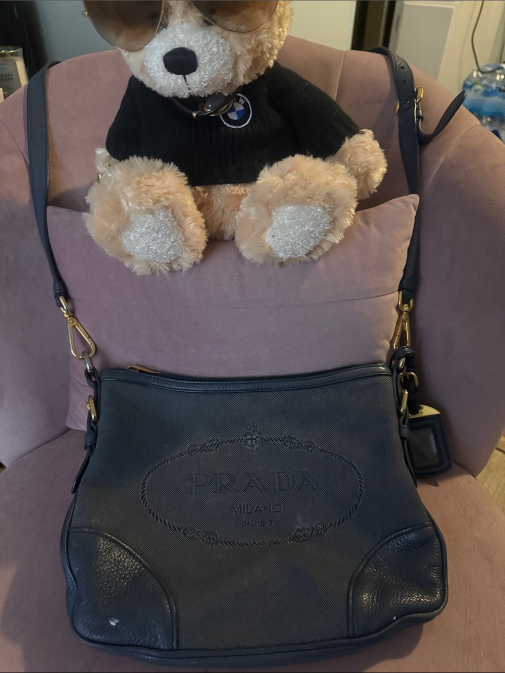 Prada Navy Blue Leather Shoulder Bag with Gold Hardware